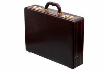 Brown leather suitcase with combination lock and gold locks isolated on white