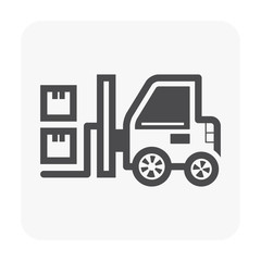 Forklift vector icon. May called fork truck or lift truck. Elevator machine equipment or vehicle for heavy industrial work at storage, port, warehouse and factory by lift up, raise and delivery cargo.