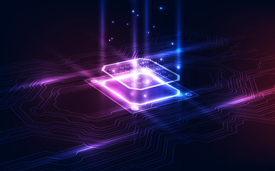 Abstract technology chip processor background circuit board and html code,3D illustration blue technology background vector.