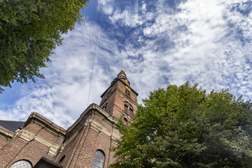 Low angle view of the Church of our Savior in Copenhagen, Denmark.