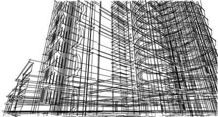 Abstract 3D building wireframe structure. Illustration construction graphic idea , Architectural sketch idea.