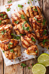 Afghan chicken skewers  Kebab e Murgh close-up on paper. Vertical top view from above