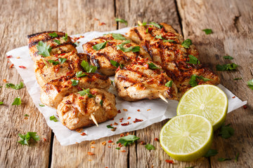 spicy grilled chicken kebab marinated in yoghurt sauce close-up on table. horizontal