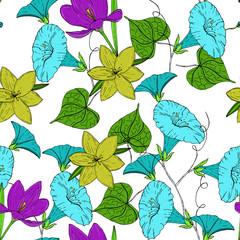Vector colored pattern with blue bindweed and violet crocus on white background. Vintage flowers.