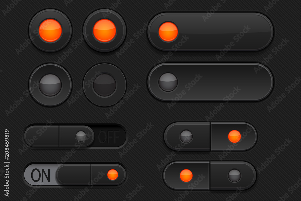 Wall mural black 3d buttons - sliders and radio buttons. pushed and normal