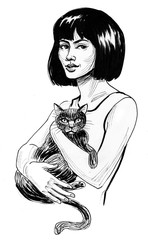 Ink black and white drawing of a girl holding a cat