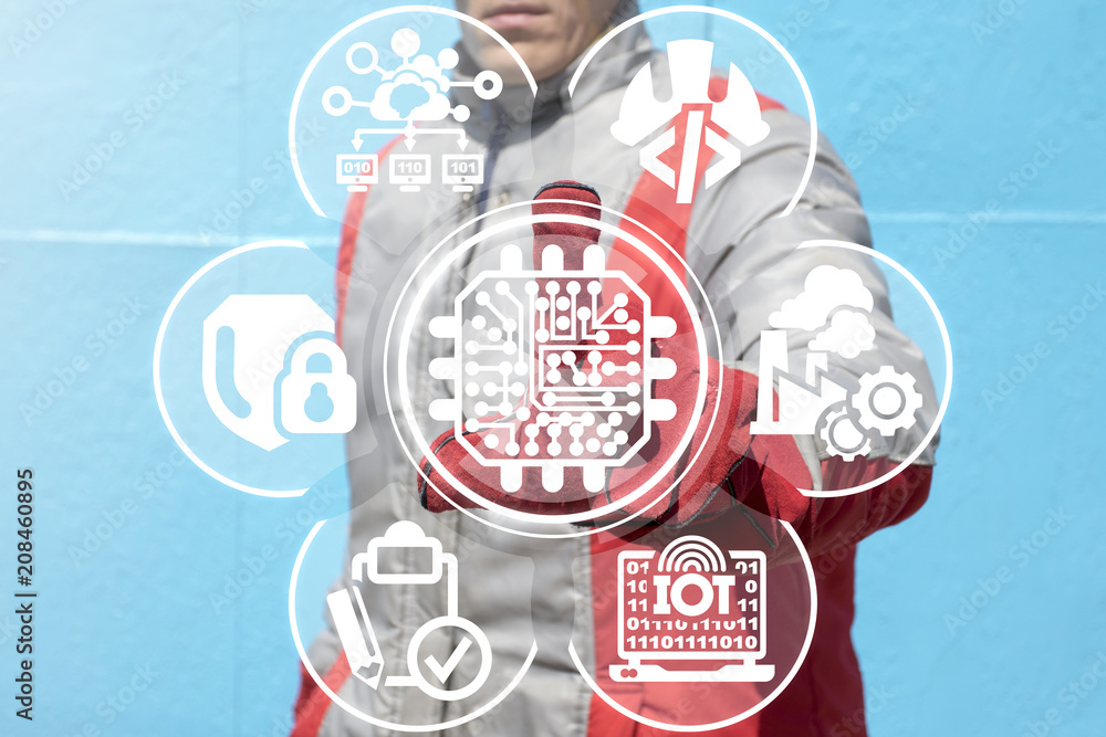 Aufkleber semiconductor industry 4.0. microchip integrated smart manufacturing iot ai big data api technology.