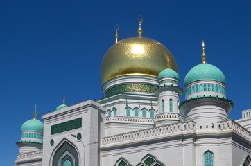 Domes of the Moscow Cathedral mosque in Moscow, Russia. The largest and highest in Europe Muslim mosque