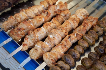 Shish kebab from chicken meat roasted on a grill