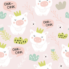 Cute pigs characters pink seamless pattern