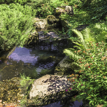 The stream flows among stones in the Japanese garden