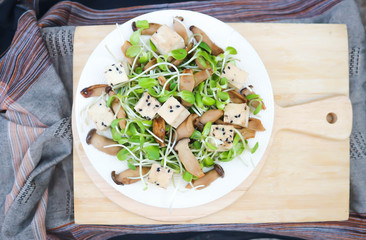 sunflower sprout and tofu and mushroom salad