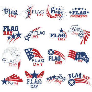 An abstract set of United States of America Flag Day mnemonics in red white and blue on an isolated white background