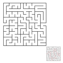 Abstract square labyrinth with a black stroke. An interesting game for children and adults. Simple flat vector illustration isolated on white background. With the answer.