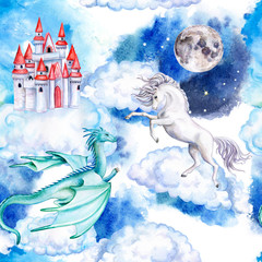 Unicorn on clouds, castle, dragon, moon isolated on white background. Seamless wallpaper with white horse and magic castle. Watercolor. Illustration. Template