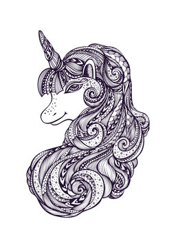 Decorative ornamental Zen tangle Zen doodle Unicorn black on white made by trace for coloring page or relax adult coloring book or for print or for t shirt or for tattoo