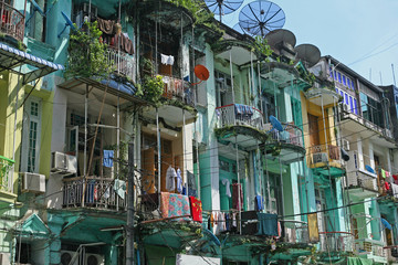 The tall and colourful high density flats and apartments of downtown Rangoon, Burma