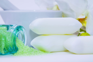spa and relaxation concept, mineral salts and soaps
