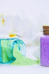 spa and relaxation concept, mineral salts and soaps
