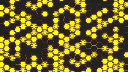 Abstract 3d background made of black hexagons on orange glowing background