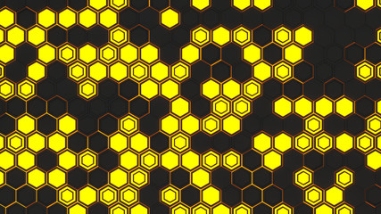 Abstract 3d background made of black hexagons on orange glowing background