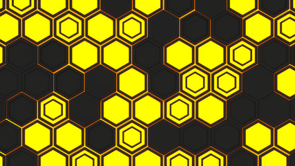 Abstract 3d background made of black hexagons on orange glowing background