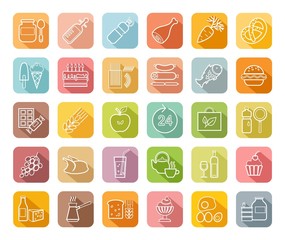 Food, contour icons, colored, grocery store, vector. Food and drinks, production and sale. White line drawings on a colored field with a shadow. Vector clip art.  