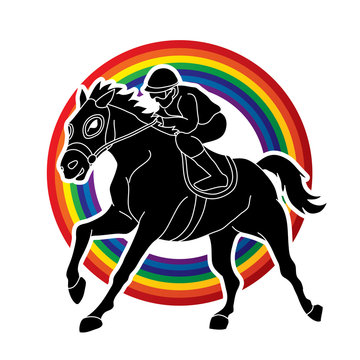 Jockey riding horse, hose racing designed on line rainbows background graphic vector.