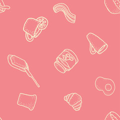 Seabless vector pattern with breakfast on pink background for wrapping, craft, textile