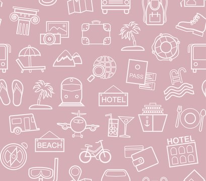 Travel, holidays, tourism, recreation, seamless pattern, contour, purple-pink, colorful, vector. Different types of holidays and ways of travelling. Vector, color background. 