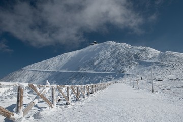 Fenced path to Snezka mountain, the highest moutain in Czech republic in Krkonose range