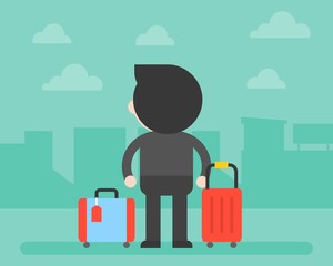 Back side of Business man and luggage with building background, startup or journey concept, flat design