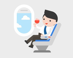 Businessman sitting at seat with glass of wine in flight, flat design