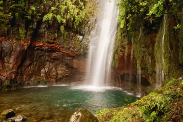 Fotobehang Waterfall of levada das 25 Fontes (25 Springs) with blue lagoon, Rabacal, Madeira, Portugal © Jan