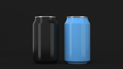Two small black and blue aluminum soda cans mockup on black background