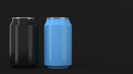 Two small black and blue aluminum soda cans mockup on black background