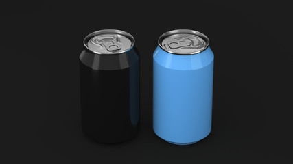 Two small black and blue aluminum soda cans mockup on black background