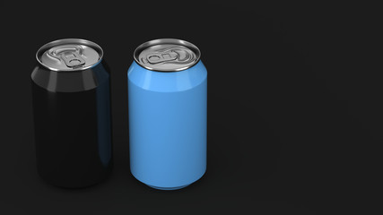 Two small black and blue aluminum soda cans mockup on black background