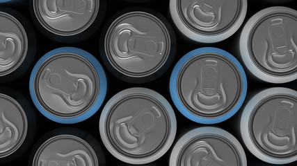 Big black, white and blue soda cans on black background