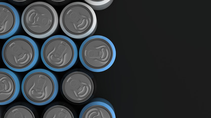 Big black, white and blue soda cans on black background