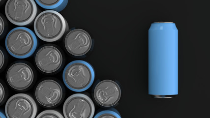 Big black, white and blue soda cans on black background