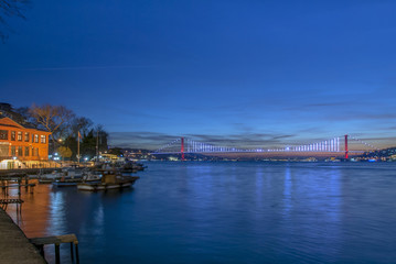 Fototapeta na wymiar Istanbul, Turkey, 26 December 2017: Bosphorus Bridge and boats at shores of Bosphorus