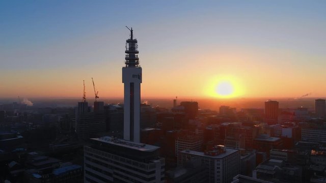 Drone Footage of BT Tower Birmingham at Sunrise 
