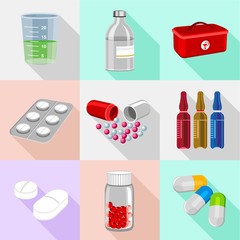 Medical pill icons set. Isometric set of 9 medical pill vector icons for web isolated on white background
