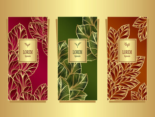 Set Template for package or flyer from Luxury background made by foil leaves in gold red green orange for cosmetic or perfume or for package of tea or for alcohol label or for brand book
