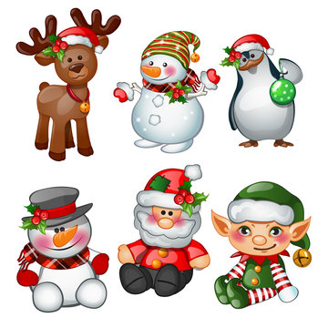 Santa Claus, reindeer, snowman, penguin, Santas helper and apprentice. Sketch for greeting card, festive poster or party invitations.The attributes of Christmas and New year. Vector illustration.