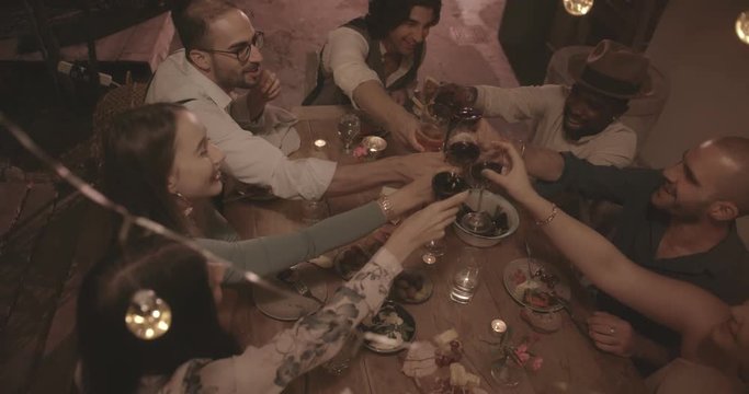 Young multi-ethnic friends toasting at elegant rustic dinner party