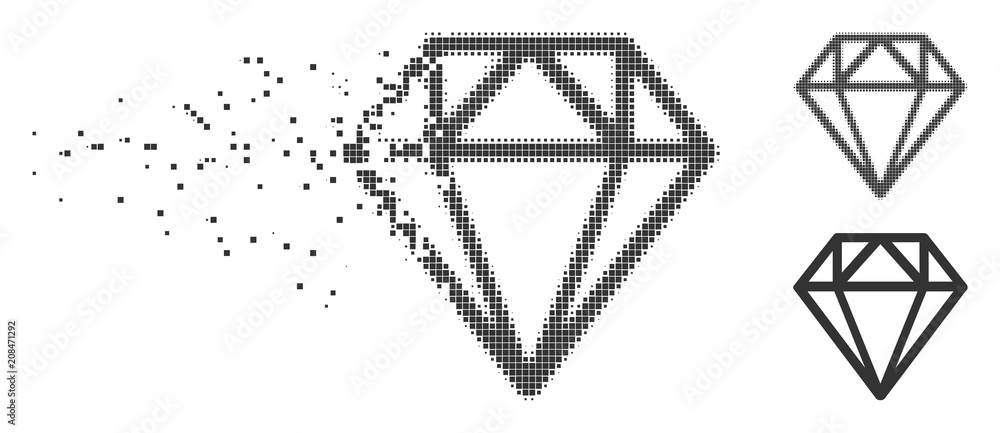 Poster dispersed diamond pixel icon with disintegration effect. halftone pixelated and undamaged whole grey