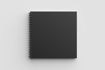 Spiral binder square notebook mock up with black cover isolated on soft gray background. 3D illustration.