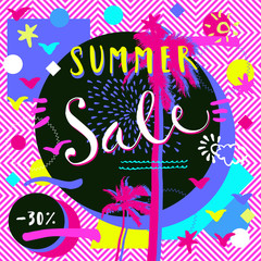 Summer Sale. Hand lettered advertisement with palm trees and geometric shapes. Bright abstract design in 1980-s style